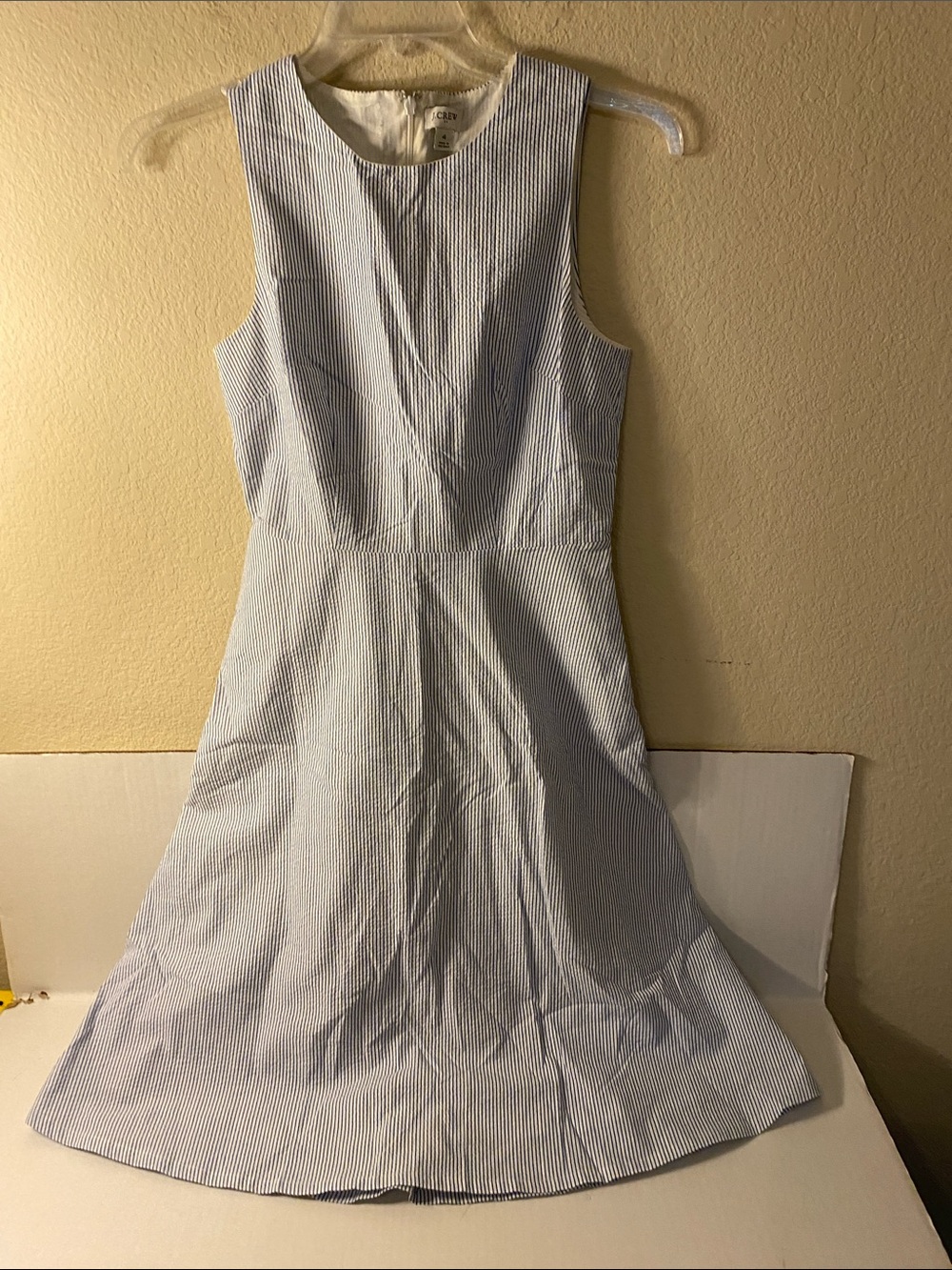 J. Crew Blue and White Striped Sleeveless Seersucker Midi Dress